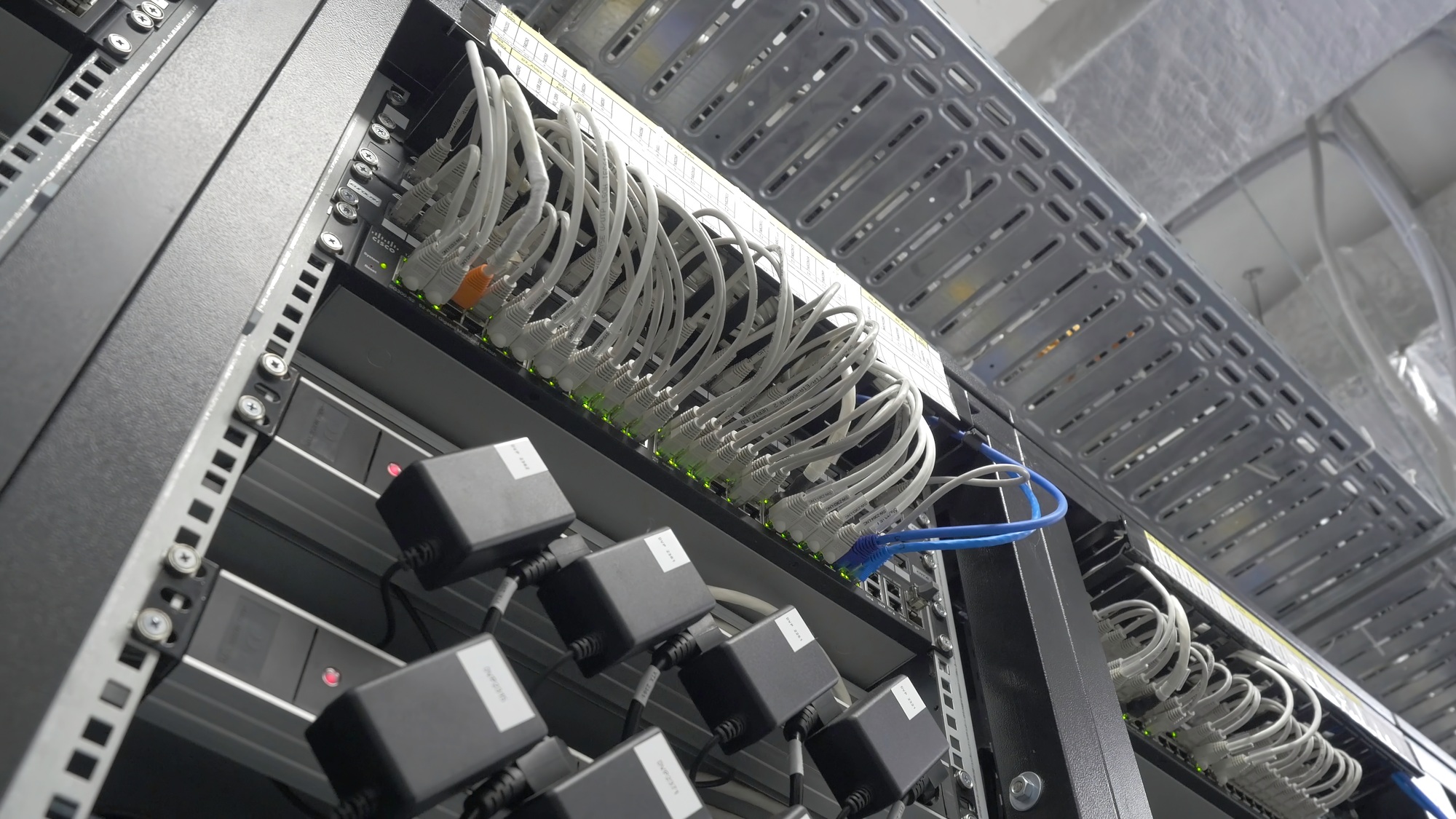 Storage servers are located in the server room of the data center. Back of the server installed in